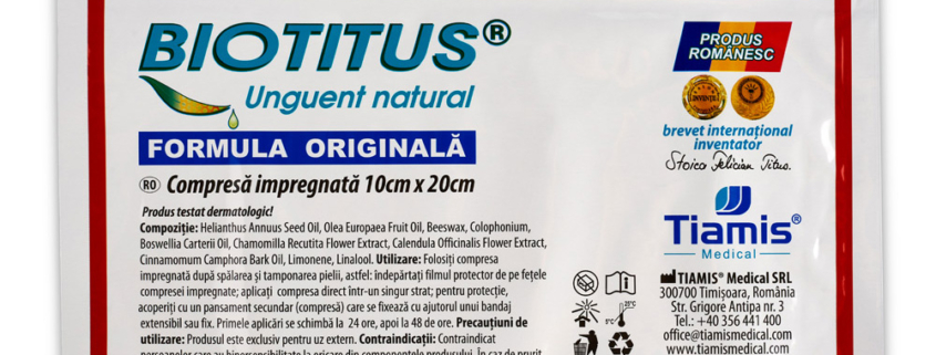 Unguent BIOTITUS® Formula Originală -Compresă impregnată 10x20cm Arsură, escară, ulcer de gambă. Tratament local cu Pansamente naturale interactive.